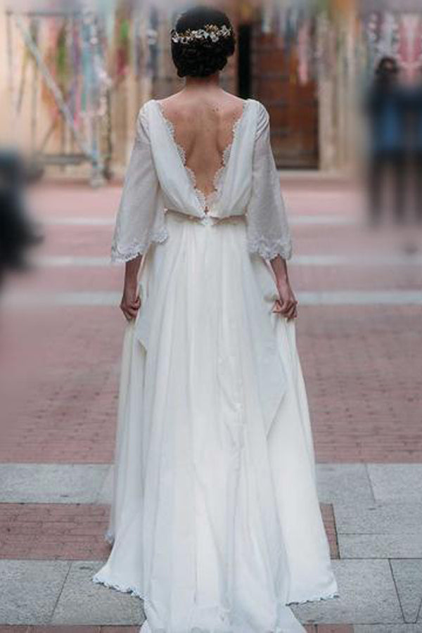 Gorgeous Chiffon Boho Wedding Dress,V Neck Bridal Gown with Appliques US8 / White