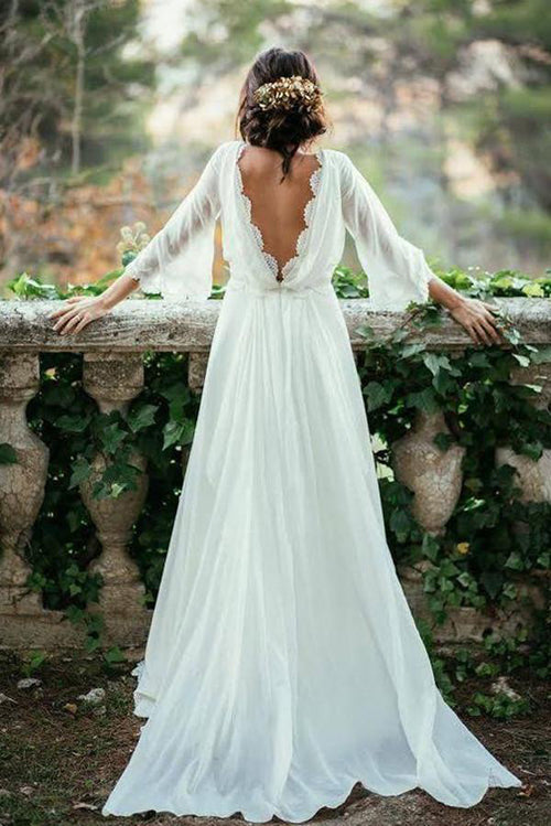 Gorgeous Chiffon Boho Wedding Dress,V Neck Bridal Gown with Appliques, PW127