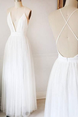 Simple Tulle White V Neck Wedding Dresses,Long Prom Dress, PW128
