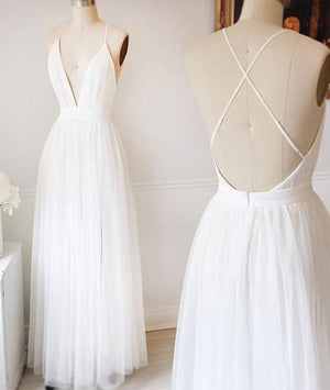 Simple Tulle White V Neck Wedding Dresses,Long Prom Dress, PW128