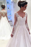 Fabulous White A Line Satin Long Sleeves Wedding Dresses with Appliques, PW129