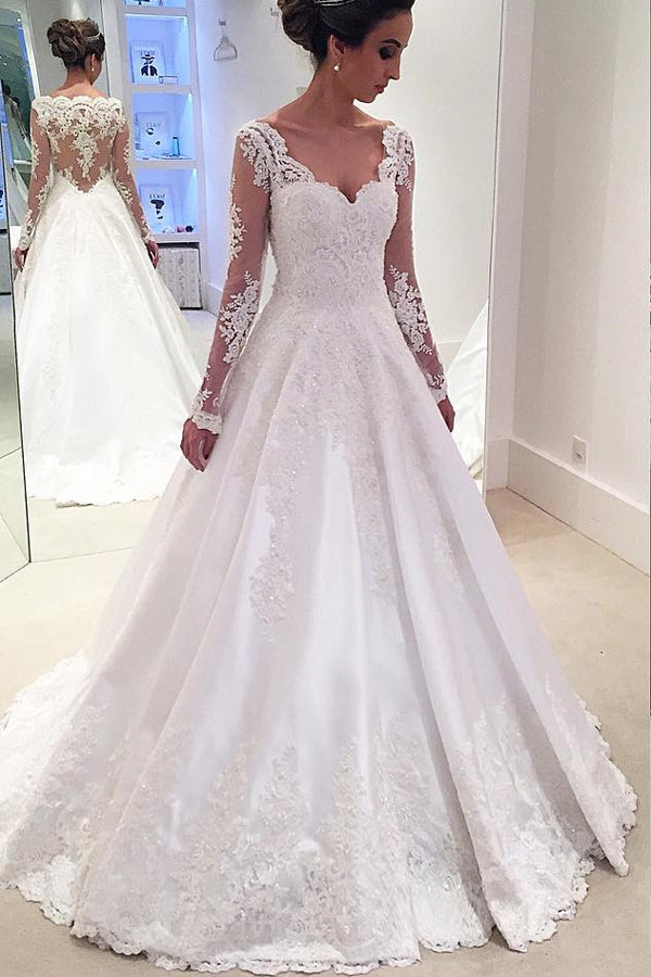 Fabulous White A Line Satin Long Sleeves Wedding Dress with Applique US2 / As Picture Fabulous White A Line Satin Long Sleeves Wedding Dress with Applique US2 / As Picture