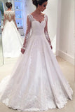 Fabulous White A Line Satin Long Sleeves Wedding Dresses with Appliques, PW129