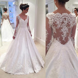 Fabulous White A Line Satin Long Sleeves Wedding Dresses with Appliques, PW129