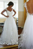 Charming White Open Back Long Wedding Dress with Appliques, PW130