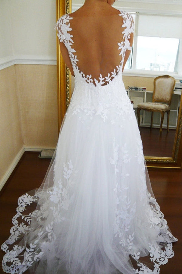 Charming White Open Back Long Wedding Dress with Appliques, PW130