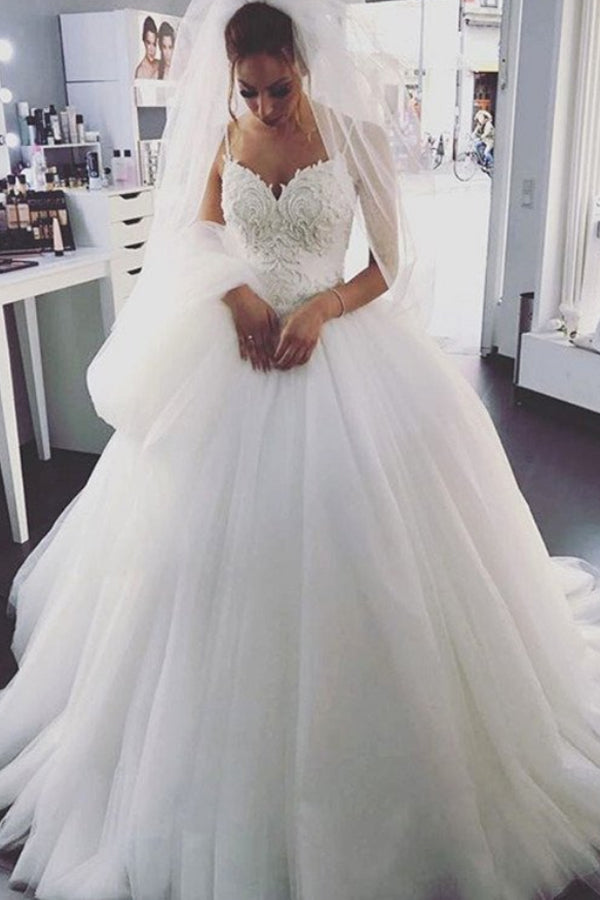 Charming Tulle White Spaghetti Straps Ball Gown Wedding Dress, PW131