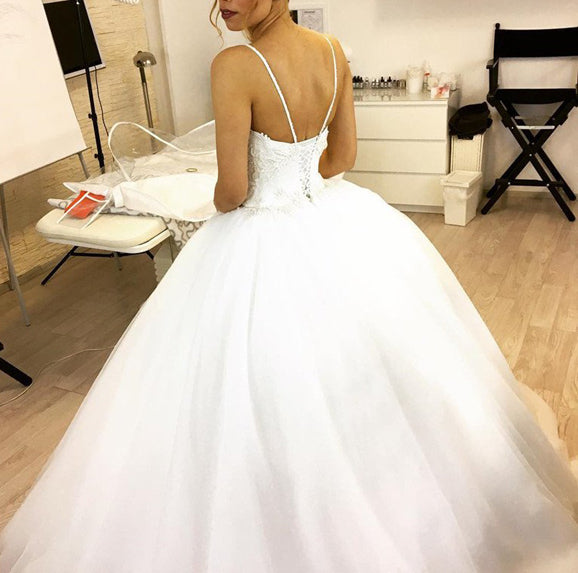 Charming Tulle White Spaghetti Straps Ball Gown Wedding Dress, PW131