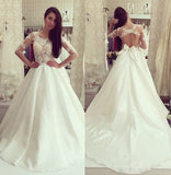 White A Line Vintage Long Sleeves Wedding Dress with Appliques, PW133