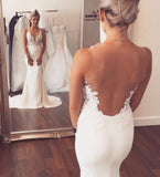 White Mermaid Sleeveless Sweep Train Open Back Wedding Dress with Appliques, PW134