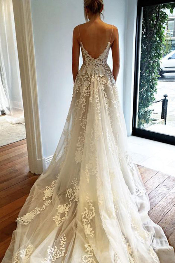 Sexy Open Back Spaghetti Straps V-neck Beach Wedding Dresses with Sweep Train, PW135
