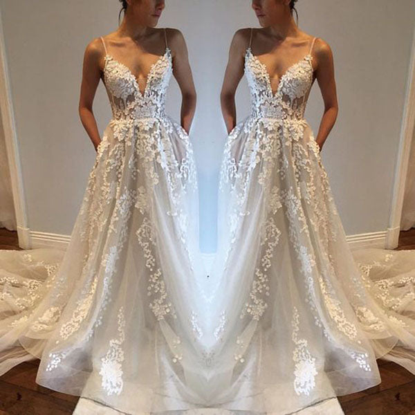 Sexy Open Back Spaghetti Straps V-neck Beach Wedding Dresses with Sweep Train, PW135 - Promnova