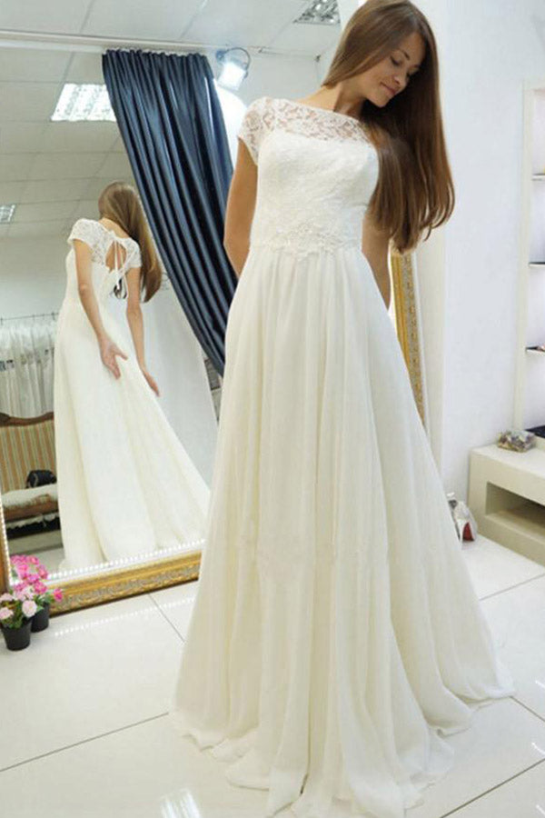 Ivory Bateau Sweep Train Cap Sleeves Wedding Dresses with Lace, PW136