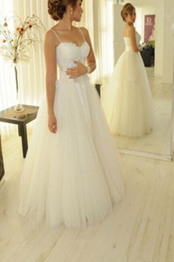 White Tulle Spaghetti Straps Wedding Dresses, Bridal Gown, Simple Wedding Gowns, PW138