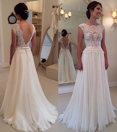 Chiffon Beach Wedding Dress, A Line Backless Lace Wedding Gowns, PW140