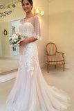 Unique Modest Sweetheart Mermaid Applique Tulle Sweep Train Wedding Dresses, PW142