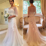 Unique Modest Sweetheart Mermaid Applique Tulle Sweep Train Wedding Dresses, PW142