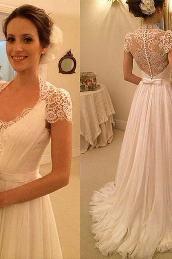 White A Line Lace Sleeveless Beach Wedding Dresses, Cheap Wedding Gowns, PW143
