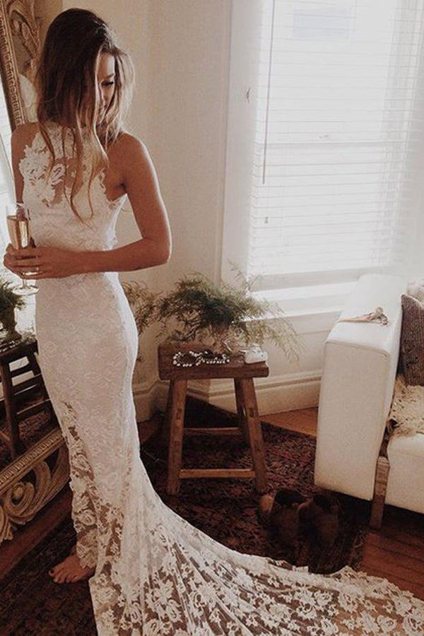 White Lace Wedding Dresses with Sweep Train, Princess Wedding Dresses –  Promnova