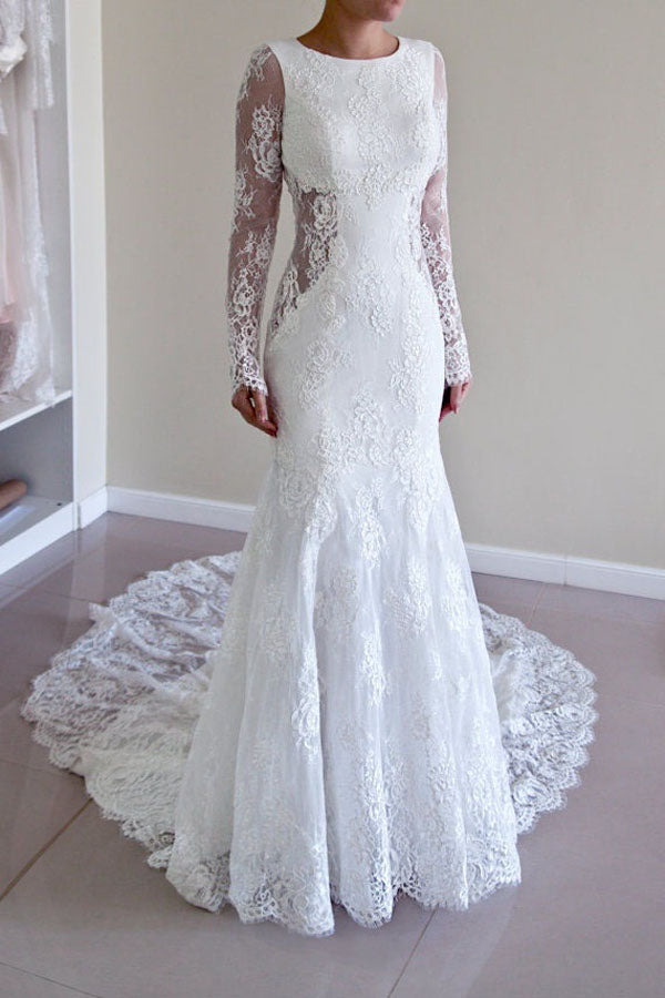 Open Back Sheath Lace Mermaid Wedding Dress With Long Sleeves US16 / As Picture Open Back Sheath Lace Mermaid Wedding Dress With Long Sleeves US16 / As Picture