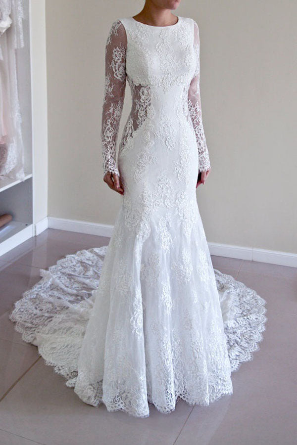 Lace Mermaid Bridal Dress, Backless Trumpet Long Sleeves Wedding Gown, PW146
