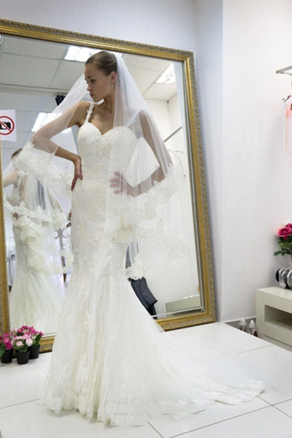 White Mermaid Spaghetti Straps Open Back Wedding Dress with Appliques, PW148