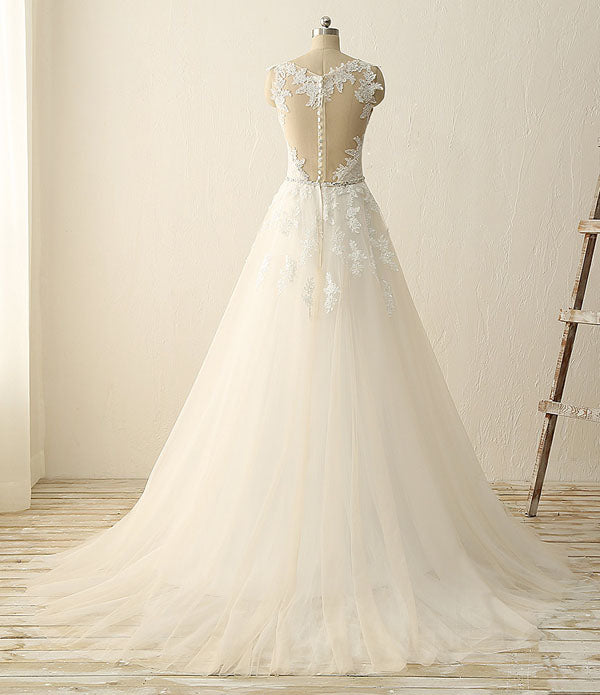 Beautiful A Line Lace Modest Handmade V-Neck Wedding Dresses with Appliques, PW149