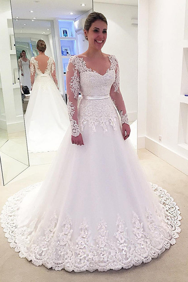 Elegant Tulle Long Sleeves Backless Plus Size Lace Wedding Dress, PW150