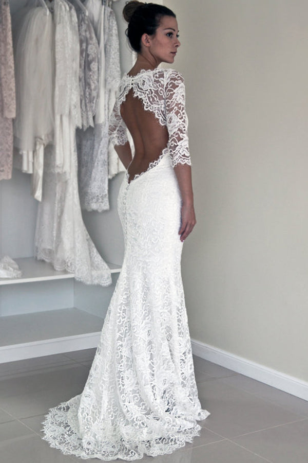 Elegant White Lace Backless Mermaid 1/2 Sleeve Wedding Dresses Promnova Elegant White Lace Backless Mermaid 1/2 Sleeve Wedding Dresses Promnova