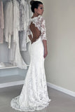 Elegant White Lace Backless Mermaid 1/2 Sleeve Wedding Dresses, PW152