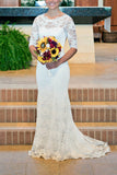 Elegant White Lace Backless Mermaid 1/2 Sleeve Wedding Dresses, PW152