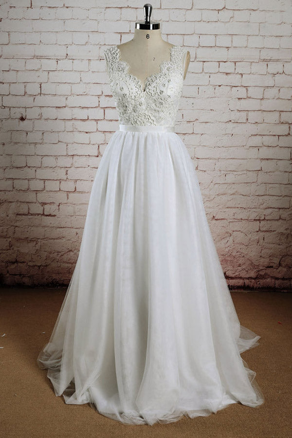 White Lace V-Neck Halter Wedding Dresss, The Church Wedding Ceremony, PW155