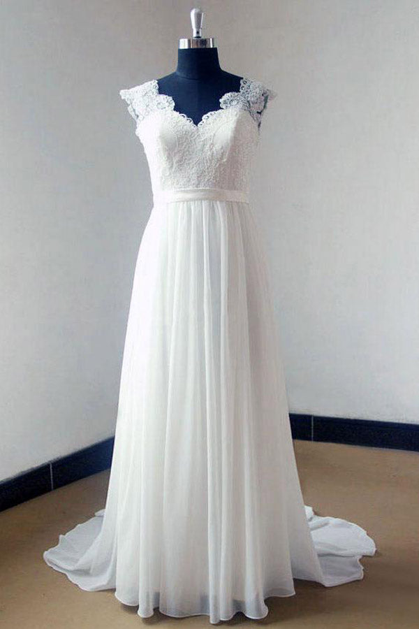 Ivory Chiffon Sweep Train V-neck Lace Bodice Beach Wedding Dresses, PW157