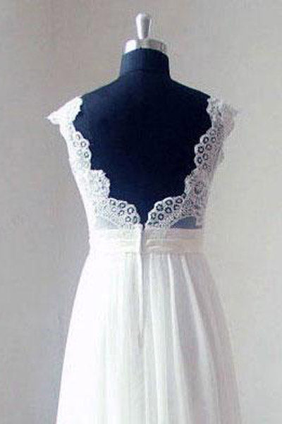 Ivory Chiffon Sweep Train V-neck Lace Bodice Beach Wedding Dresses, PW157