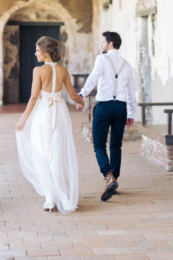 Simple Jewel Sleeveless Long Lace Top White Tulle A-line Wedding Dress, PW159 - Promnova