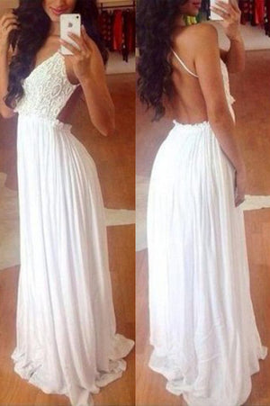 Elegant White Long Chiffon Simple Lace Backless Wedding Dresses, PW160