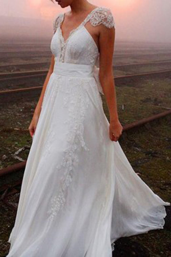 Chiffon Cap Sleeves A Line V Neck Backless Wedding Dress with Appliques, PW161