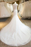 Mermaid Scoop Neck Tulle Side Zipper Wedding Dress with Appliques Beading, PW162