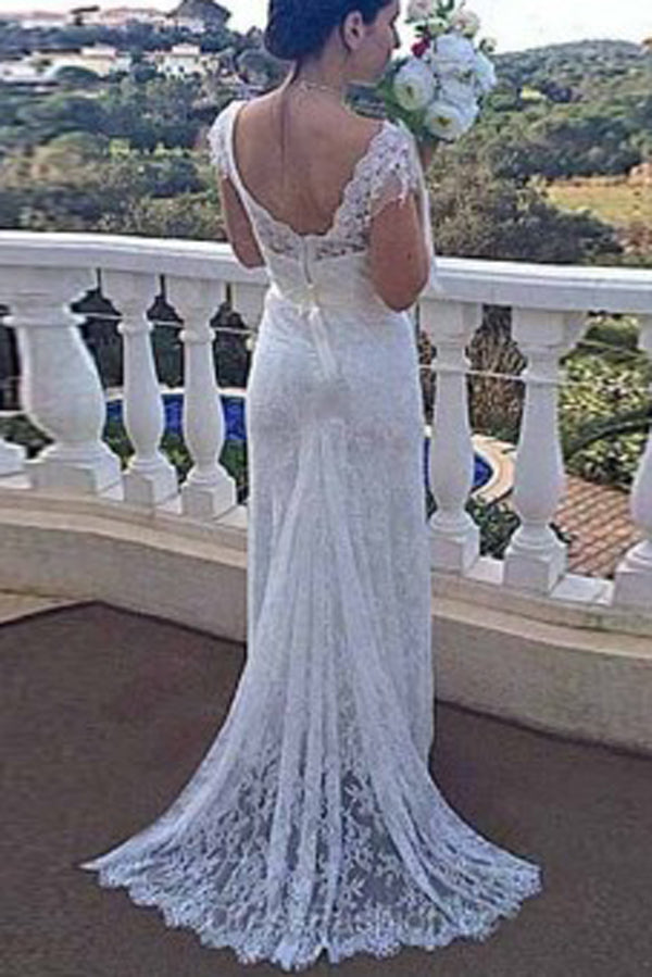 Mermaid Backless V Neck Lace Cap Sleeves Wedding Dress with Appliques, PW163