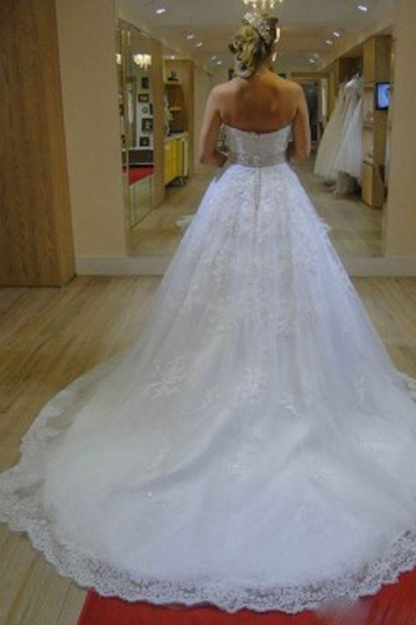 Sweetheart Organza Court Train A Line Wedding Dress with Appliques Beading, PW164