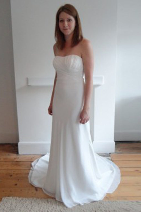 Simple Lace up Court Train Strapless Wedding Dress with Beading, PW167