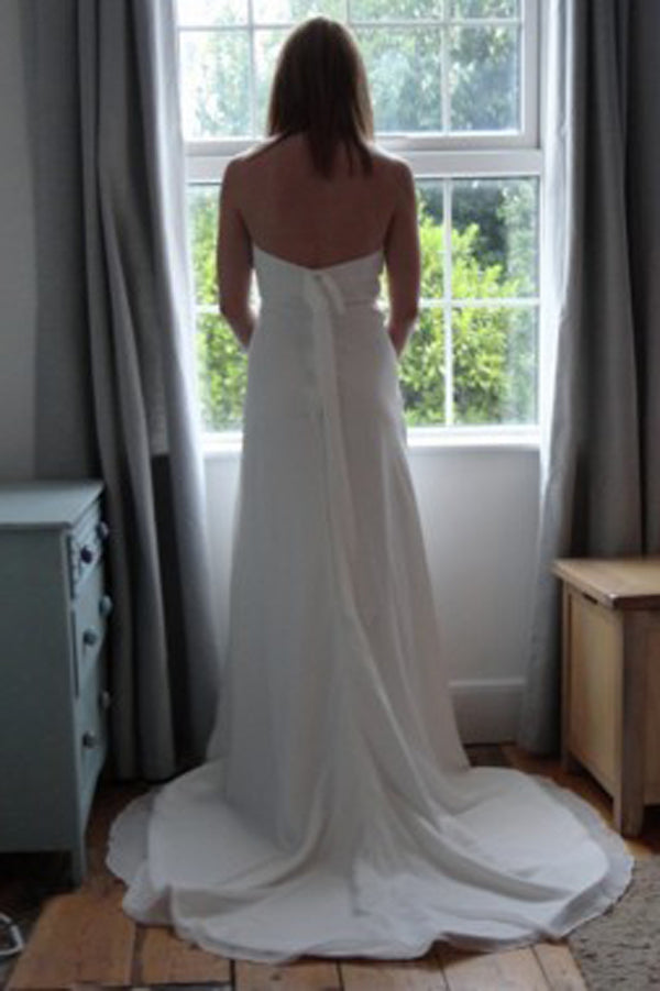 Simple Lace up Court Train Strapless Wedding Dress with Beading, PW167