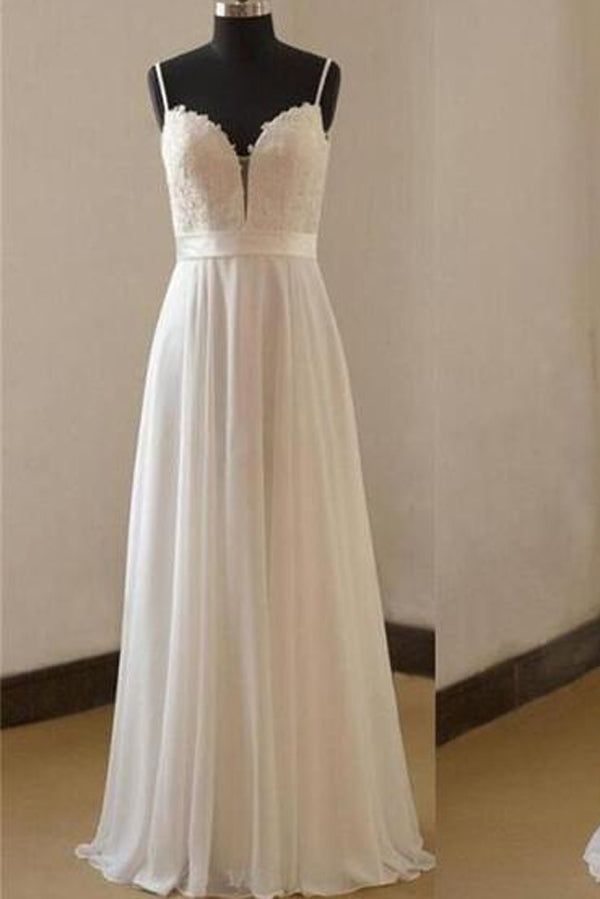 Spaghetti Straps Simple Floor Length White Chiffon Wedding Dress, PW169