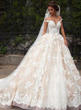 Glamorous Cap Sleeves Lace Tops Wedding Dress with Court Train, PW171