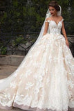 Glamorous Cap Sleeves Lace Tops Wedding Dress with Court Train, PW171