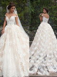 Glamorous Cap Sleeves Lace Tops Wedding Dress with Court Train, PW171