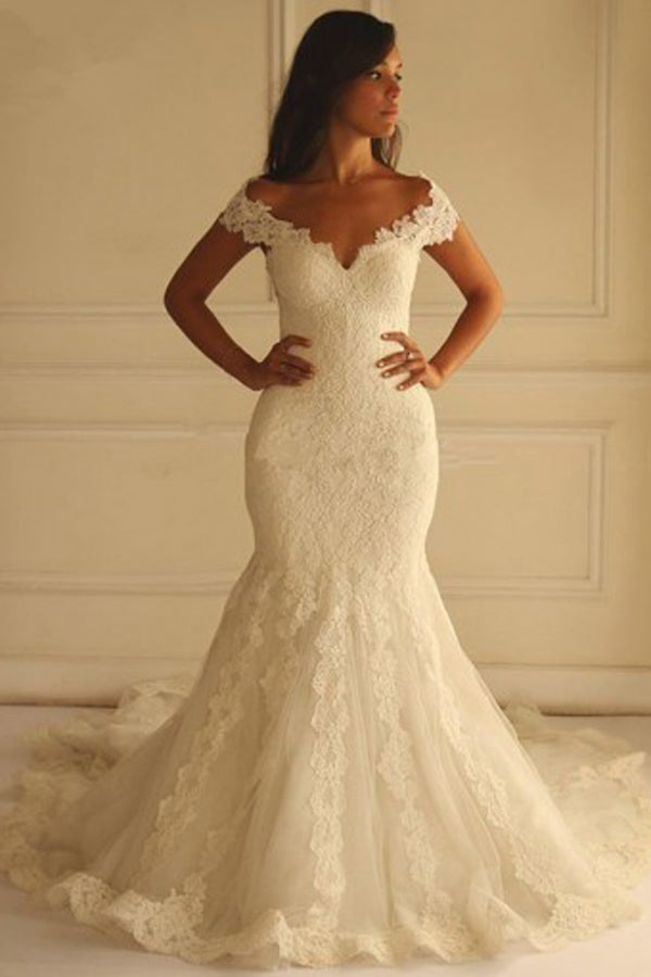 Special Off Shoulder Short Sleeves Mermaid Lace Wedding Dress with Appliques, PW172