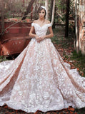 Luxurious Organza Off Shoulder Short Sleeves Wedding Dress with Lace, PW173