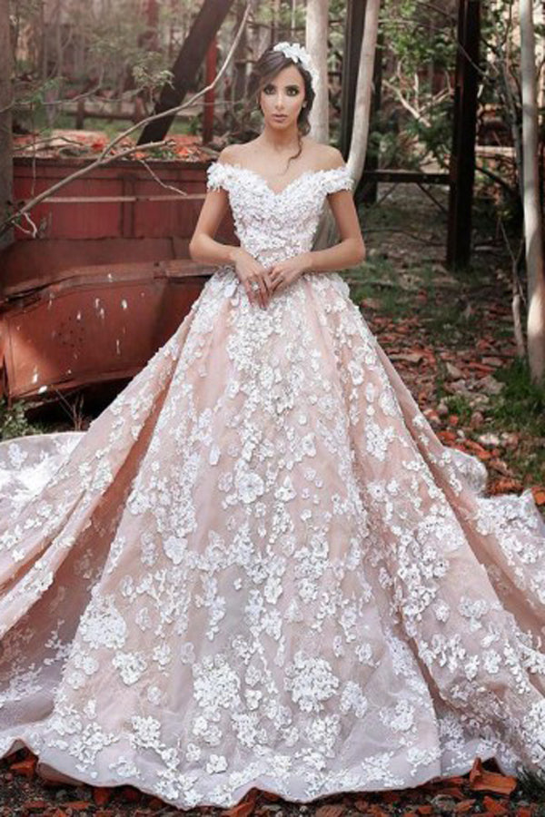 Luxurious Organza Off Shoulder Short Sleeves Wedding Dress with Lace, PW173