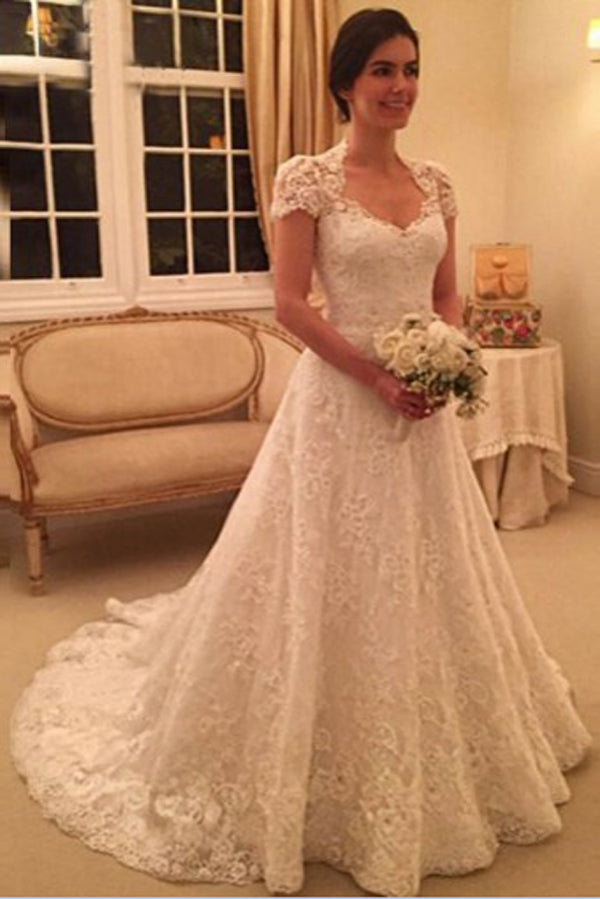 Delicate Short Sleeves Scoop Long Lace Wedding Dress With Illusion Back, PW174
